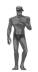 1boy abs belly_button bottomwear bulge feet grey_body grey_skin hat male male_only monster_prom narrator_(monster_prom) official official_art pecs serious solo toes underwear