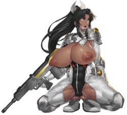 ahegao ass_visible_through_thighs black_hair bodysuit breasts breasts_out cameltoe crotchless_leotard dark-skinned_female dark_skin edit female gun holding_gun holding_weapon huge_breasts labia long_hair looking_to_the_side military mirabell_bell muscular_thighs ponytail pussy_juice rifle spread_legs squatting sweat taimanin_(series) taimanin_asagi tongue_out white_bodysuit