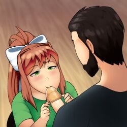 beard black_hair blowjob bow brown_hair condom condom_on_penis doki_doki_literature_club duo facial_hair green_eyes green_shirt looking_at_partner monika_(doki_doki_literature_club) ponytail putting_on_condom putting_on_condom_with_mouth shirt triplestabber white_bow yellow_condom