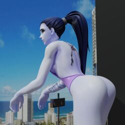 1girls 3d ass ass_focus balcony breasts female female_only flossing gelzy leotard one-piece_swimsuit overwatch ponytail purple_hair purple_skin solo solo_female solo_focus swimsuit tattoo widowmaker