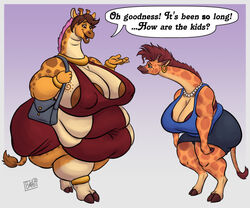 2girls anklet anthro bbw bead_necklace belly big_belly big_breasts bracelet breasts clothed clothing collar crossover dialogue double_belly earrings fat female giraffe giraffe_mom giraffid handbag huge_breasts javanshir jewelry kubwa_kalua larger_female mammal mature_anthro mature_female nipple_outline obese obese_anthro obese_female overweight overweight_anthro overweight_female simple_background size_difference skirt smile ssbbw text thatbritishdeer thick_thighs weight_gain