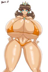 1girls alternate_ass_size alternate_body_type alternate_breast_size big_breasts bikini blue_eyes breasts brown_hair cleavage collarbone crown earrings eyebrows_visible_through_hair eyelashes female female_only flower_earrings hands_on_hips huge_breasts human human_only looking_at_viewer marcormen mario_(series) nintendo princess princess_daisy royalty short_hair simple_background smile solo solo_female standing tagme thick_thighs voluptuous white_background wide_hips