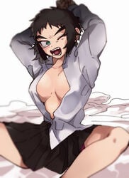 arms_up black_hair clothing demon_slayer female female_only genderswap_(mtf) green_eyes kaigaku kimetsu_no_yaiba no_bra open_clothes open_mouth open_shirt rule_63 rule_63 short_hair skirt solo stretch thick_eyebrows tomboy wink yawn