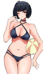 1girls ass_visible_through_thighs atlus beach_ball bikini blue_eyes breasts dark_blue_hair female lipstick nero_watch one_eye_closed persona persona_5 short_hair solo swimsuit tae_takemi white_background white_skin