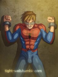 1boy animated blindfold blush bulge captured erection male male_only marvel marvel_comics peter_parker spider-man spider-man_(series) straight_hair struggling tight-web yaoi