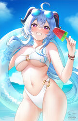 beach belly_button bikini blue_hair blush eyewear_on_head female female_only fukuro_ko_(greentea) ganyu_(genshin_impact) genshin_impact ice_cream looking_at_viewer medium_breasts o-ring_bikini purple_eyes smile sunglasses sunglasses_on_head underboob watermelon white_bikini