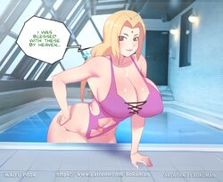 1girls big_breasts blonde_hair bokuman breasts busty cleavage clothed_female female female_focus female_only huge_breasts mature_female naruto naruto_(series) naruto_shippuden one-piece_swimsuit pool poolside shounen_jump solo solo_female that_pool tsunade