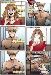 1boy 1girls after_shower aged_up being_filmed blonde_hair camie_utsushimi challenge clothed_female_nude_male comic dialogue emoji english_text female filming katsuki_bakugou male muscular muscular_male my_hero_academia naked naked_towel nude ok_sign partially_colored phone phone_screen scar selephi_sel3phi spiky_hair straight taking_picture text tiktok towel