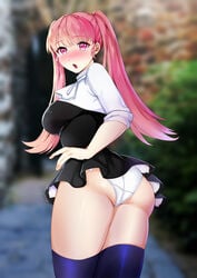 1girls ass back_view bangs bare_thighs blush embarrassed fire_emblem fire_emblem:_three_houses fully_clothed garreg_mach_monastery_uniform hilda_valentine_goneril large_ass large_breasts long_hair looking_at_viewer looking_back nintendo open_mouth panties pantyshot pantyshot_(standing) pink_eyes pink_hair solo tara_(szzj7733) thick_thighs thighhighs twintails upskirt white_panties