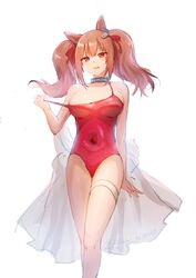 angelina_(arknights) angelina_(summer_flowers)_(arknights) animal_ears areola_slip areolae arknights artist_request big_breasts breasts brown_hair choker female female_only hair_accessory hair_ribbon legs long_hair navel nipple_slip nipples one-piece_swimsuit open_mouth orange_eyes presenting red_one-piece_swimsuit red_swimsuit smile solo_female swimsuit tagme tied_hair