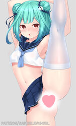 bangs blush censored clothed clothing eyebrows_visible_through_hair female gabriel_evangel green_hair highres hololive hololive_fantasy hololive_japan looking_at_viewer microskirt navel no_panties oerba_yun_fang patreon_username red_eyes reward_available sailor_collar sailor_uniform school_uniform serafuku short_hair signature simple_background skindentation skirt split standing standing_on_one_leg standing_split thighhighs uruha_rushia virtual_youtuber white_legwear