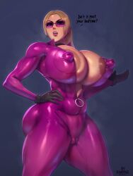 1girls areola_slip areolae big_areola big_breasts bodysuit breasts breasts_bigger_than_head cameltoe cleavage curvaceous english_text eye_contact female female_focus female_only huge_breasts human latex_suit long_hair looking_back nina_williams nipple_bulge purple-tinted_eyewear rampage0118 shiny_skin skin_tight skindentation solo standing sunglasses tekken text thick_thighs thighs tinted_eyewear voluptuous wide_hips