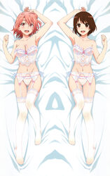 2girls absurdres arms_up bare_arms bare_shoulders blush bra breasts brown_eyes brown_hair cleavage collarbone dakimakura_(medium) female female_only garter_straps hair_bun highres large_breasts lingerie looking_at_viewer medium_breasts multiple_girls my_teen_romantic_comedy_snafu negligee ookami_shoujo_to_kuro_ouji open_mouth panties pink_eyes pink_hair pink_ribbon ribbon shinohara_erika short_hair thighhighs underwear white_legwear white_panties yuigahama_yui