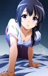 1girls bed blush cleavage clothing crawling female female_only hibike!_euphonium innocent kousaka_reina on_all_fours open_mouth pajamas purple_eyes purple_hair solo tagme