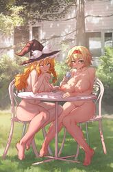 2girls alice_margatroid barefoot big_breasts black_headwear blonde_hair braid breasts chair commentary_request completely_nude cup drinking drinking_glass drinking_straw eyelashes eyeliner female female/female female_only female_pubic_hair frills full_body grass green_eyes hairband hat hi_res highres huge_breasts large_breasts lesbian lesbians long_hair looking_at_viewer makeup marisa_kirisame medium_hair multiple_girls nail_polish nipple_pull nipple_tweak nipples nude on_chair outdoors pubic_hair pulling_nipples pussy pussy_juice red_hairband senmuts short_hair single_braid sitting sweat table touhou very_long_hair wide_hips witch witch_hat yellow_eyes yuri zenra