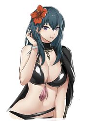 1girls alternate_costume bikini black_bikini black_swimsuit blue_hair breasts byleth_(fire_emblem) byleth_(fire_emblem)_(female) byleth_(summer)_(fire_emblem)_(female) cape female fire_emblem fire_emblem:_three_houses fire_emblem_heroes flower flower_in_hair igusaharu large_breasts lipstick looking_at_viewer medium_hair nintendo pale_skin purple_eyes solo swimsuit