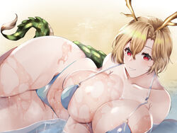 1girls areola areola_slip areolae big_ass big_thighs bikini bikini_bottom bikini_top blonde_hair curvy_female curvy_figure dragon_girl dragon_tail female female_focus female_only horns kicchou_yachie kurokan_(kokkyou_oudan) large_breasts looking_at_viewer monster_girl nipple_bulge plump red_eyes smile smiling solo tagme thick_thighs touhou voluptuous wide_hips