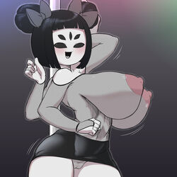 areolae big_breasts black_hair female_only fishnets gray_body grey_skin hair_ribbon huge_breasts kaxiota looking_at_viewer milffet miniskirt muffet multi_arm multi_eye multi_limb nipples simple_background skirt spider_girl stripper stripper_pole tagme thick_thighs thighs undertale upskirt white_body white_skin