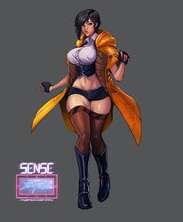 big_breasts black_hair blue_eyes breasts huge_breasts mei-lin_mak sense:_a_cyberpunk_ghost_story short_hair thick_thighs thighs yellow_jacket