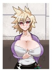 1girls 2021 big_breasts blonde_hair blush breasts cleavage cleavage_pull dudemcwhy female female_focus huge_breasts large_breasts looking_at_viewer milf mitsuki_bakugou mother my_hero_academia red_hair seductive shirt shirt_lift shirt_pull showing_breasts solo solo_female solo_focus spiky_hair watermark wide_hips