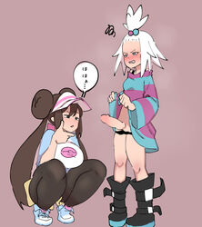 1futa 1girls absurdres big_breasts black_legwear boots bottomless breasts brown_hair chin_stroking clothed clothes_lift clothing double_bun dress dress_lift duo female fully_clothed futanari hair_bobbles hair_ornament highres human lifted_by_self light-skinned_female light-skinned_futanari light_skin long_hair looking_at_penis multiple_girls nintendo pale_skin pantyhose partially_clothed penis pokemon pokemon_(game) pokemon_bw2 rosa_(pokemon) roxie_(pokemon) shoes simple_background sneakers squatting standing striped striped_dress topknot twintails umonebi very_long_hair visor_cap white_hair