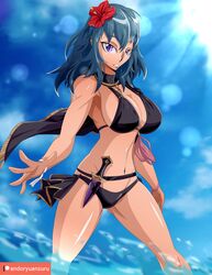 1girls alternate_costume andoryuanzuru bikini black_bikini black_swimsuit blue_hair breasts byleth_(fire_emblem) byleth_(fire_emblem)_(female) cape dagger female fire_emblem fire_emblem:_three_houses fire_emblem_heroes flower flower_in_hair looking_at_viewer medium_hair nintendo ocean outdoors outside purple_eyes solo swimsuit water weapon
