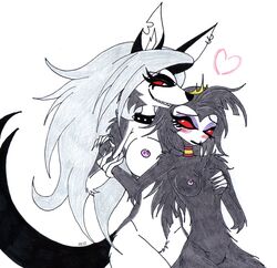 2girls anthro anthro_on_anthro avian bird black_fur black_hair blush breast_grab breasts demon feathers female female/female female_only fur furry furry_breasts furry_only grey_fur hair hellhound helluva_boss imminent_sex interspecies loona_(helluva_boss) nipples octavia_(helluva_boss) open_mouth open_smile owl owl_demon skeleslay traditional_media_(artwork) two_tone_fur vivienne_medrano white_background white_fur yuri