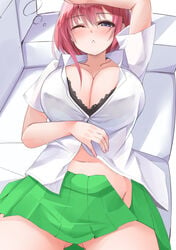 1girls arm_on_head arm_up bangs black_bra blue_eyes blush bra bra_peek breasts cleavage collarbone collared_shirt commentary_request couch eyebrows_visible_through_hair female female_only gluteal_fold go-toubun_no_hanayome green_skirt groin hair_between_eyes large_breasts light-skinned_female light_skin looking_at_viewer lying micosivaa nakano_ichika navel no_panties on_back open_clothes open_skirt parted_lips partially_unbuttoned pelvic_curtain pink_hair pleated_skirt shirt short_hair short_sleeves sidelocks skirt solo solo_female solo_focus stomach underwear waking_up white_background white_shirt