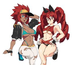 2girls bikini blue_eyes brown_skin chocolate_and_vanilla cinnamon jacket large_breasts medium_breasts multiple_girls nose_piercing original original_character red_eyes red_hair ripped_clothing tagme underboob velvet zane_the_monster