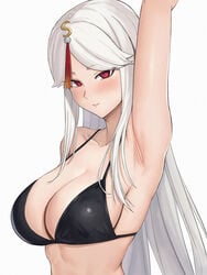 1girls 2021 :q alternate_version_available arm_up armpit_focus armpit_pussy armpits bangs bikini bikini_top black_bikini blush breasts cleavage female female_focus female_only genshin_impact hair_ornament highres large_breasts long_hair looking_at_viewer ningguang_(genshin_impact) parted_bangs red_eyes sideboob simple_background smile solo solo_female solo_focus sp123 standing sweat swimsuit tongue tongue_out upper_body upper_teeth white_background