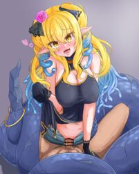 1boy :d arm_support bar_censor bare_shoulders black_gloves blonde_hair blue_hair blush breasts censored cleavage cowgirl_position earrings female femdom flower gloves gorgon gradient_hair hair_flower hair_ornament hana_yamakiri heart heart-shaped_pupils highres jewelry lamia large_breasts lifted_by_self looking_at_viewer medusa_(monster_girl_encyclopedia) monster_girl monster_girl_encyclopedia multicolored_hair navel open_mouth penis pointy_ears pov sex smile snake_bondage snake_hair snussy straddling straight sweat symbol-shaped_pupils two-tone_hair vaginal_penetration veins veiny_penis