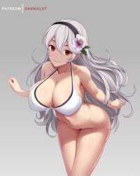 1girls alternate_costume big_breasts bikini bottomless corrin_(fire_emblem) corrin_(fire_emblem)_(female) corrin_(summer)_(fire_emblem)_(female) dakkalot female female_only fire_emblem fire_emblem_fates fire_emblem_heroes grey_hair huge_breasts large_breasts long_hair milf nintendo no_panties solo solo_female solo_focus swimsuit white_bikini