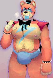 anthro bara blush blushed blushing bodily_fluids bodypaint bow_tie bowtie clothed clothing dad_bod dadbod dick_slip digital_media_(artwork) ear_piercing earrings erection face_paint five_nights_at_freddy's five_nights_at_freddy's:_security_breach fur furry gay genital_fluids genitals glamrock_freddy_(fnaf) hat headgear headwear hi_res male male_only mammal nipples orange_body orange_fur orange_skin peeking_penis penis piercing sharp_teeth simple_background sleepyandshine smile smiling solo solo_male tan_body teeth top_hat underwear ursid video_games