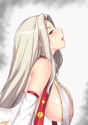 1girls 2020 alternate_version_available areola_slip aster_crowley big_breasts eyebrows eyelashes fate_(series) female female_focus fujimaru_ritsuka_(male) hanging_breasts huge_breasts irisviel_von_einzbern long_hair nipple_slip open_mouth red_eyes side_view simple_background