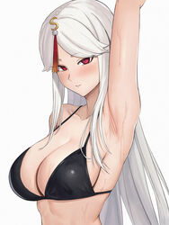 1girls 2021 :q alternate_version_available arm_up armpit_fetish armpit_focus armpit_pussy armpits bangs bikini bikini_top black_bikini blush breasts cleavage female female_focus female_only genshin_impact hair_ornament highres large_breasts long_hair looking_at_viewer ningguang_(genshin_impact) parted_bangs red_eyes sideboob simple_background smile solo solo_female solo_focus sp123 standing sweat sweatdrop swimsuit tongue tongue_out upper_body upper_teeth wet wet_armpit white_background