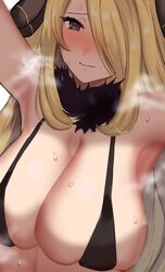 1girls alternate_breast_size armpits big_breasts blonde_hair blush breasts cynthia_(pokemon) eye_contact female hair_ornament huge_breasts large_breasts looking_at_viewer mana_nzmr mature_female nintendo pokemon pokemon_dppt sexy_armpits sweat upper_body