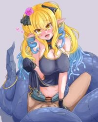 1boy :d arm_support bar_censor bare_shoulders black_gloves blonde_hair blue_hair blush breasts censored cleavage cowgirl_position earrings female femdom flower gloves gorgon gradient_hair hair_flower hair_ornament hana_yamakiri heart heart-shaped_pupils highres jewelry lamia large_breasts lifted_by_self looking_at_viewer medusa_(monster_girl_encyclopedia) monster_girl monster_girl_encyclopedia multicolored_hair navel open_mouth penis pointy_ears pov sex smile snake_bondage snake_hair snussy straddling straight sweat symbol-shaped_pupils two-tone_hair vaginal_penetration veins veiny_penis