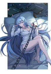 1girls akame_ga_kill! barefoot bed bedroom bedroom_eyes blue_eyes blue_hair blush chain_leash chains cleavage cute domme esdeath_(akame_ga_kill!) feet femdom huge_breasts implied_bottomless k12io leash leashed_pov legs looking_at_viewer pov seductive seductive_smile solo submissive_pov tattoo thighs very_long_hair