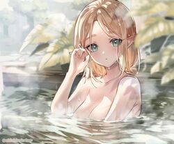 1girls 2021 :o artist_name bathing blonde_hair blush breasts cleavage eyebrows_visible_through_hair female female_only green_eyes hair_tucking highres hylian leaves long_ears medium_breasts nintendo nude onsen open_mouth outdoors partially_clothed plant pointy_ears princess_zelda short_hair shuri_(84k) sitting solo steam tears_of_the_kingdom the_legend_of_zelda twitter_username untied water watermark zelda_(tears_of_the_kingdom)