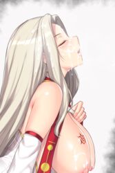 1girls 2020 after_oral alternate_version_available areola_slip aster_crowley big_breasts cum_on_cheek cum_on_face cum_on_forehead cum_on_hair cum_on_nose cum_on_tongue eyebrows eyelashes fate_(series) female female_focus fujimaru_ritsuka_(male) hanging_breasts huge_breasts irisviel_von_einzbern long_hair nipple_slip open_mouth red_eyes side_view simple_background