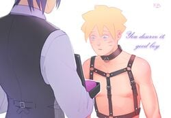 2boys age_difference bdsm_gear blonde_hair blue_eyes blue_hair blush bondage bondage_gear bondage_harness bondage_outfit boruto:_naruto_next_generations cheating cheating_husband clothed clothing collar dialogue dilf dog_collar english_text erect_nipples fully_clothed gay height_difference male male_only mature mature_male mbyak naruto naruto_(series) netorare nipples ntr older_male older_man_and_younger_boy pink_nipples revealing_clothes sasuke_uchiha shounen_jump standing sweat sweatdrop teenager text uncensored uzumaki_boruto whisker_markings whiskers white_background yaoi yellow_hair younger_male