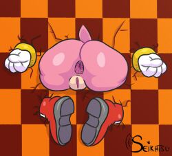 absurd_res amy_rose anthro anus ass big_butt boots clothing eulipotyphlan female footwear genitals gloves handwear hedgehog hi_res mammal nude pattern_background pussy rear_view sega seikatsueclipse simple_background solo sonic_(series) sonic_the_hedgehog_(series) through_wall