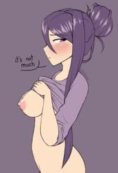 1girls alternate_hairstyle areolae big_breasts blush bottomless breasts doki_doki_literature_club exposed_breasts female long_hair looking_to_the_side nipples no_bra ponytail purple_eyes purple_hair purple_shirt shirt shirt_lift shirt_up side_view sideboob solo solo_female solo_focus text text_bubble triplestabber yuri_(doki_doki_literature_club)