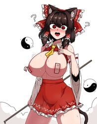 1girls areola_slip areolae bangs blush breasts brown_hair clothing detached_sleeves dog_ears female formicid gohei hair_ribbon hair_tubes human large_breasts ofuda ofuda_on_nipples pale_skin pasties red_eyes reimu_hakurei shirt_lift short_hair shrine_maiden skirt sweat taped_nipples topless touhou