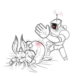 1boy 1girls bent_over big_ass big_butt big_hands bunny_girl bunny_humanoid bunny_tail closed_eyes ear_piercing ears_up face_down_ass_up female furry kojoarts naughtypaw_(artist) rabbit rabbit_humanoid red_mark_on_ass robot smacking_ass spank_marks spanked spanking tongue_out ttherandom tthrandom tthrandom_rp