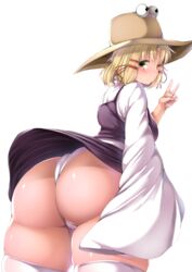 1girls a big_butt blonde_hair butt dress dress_lift fat_ass female female_only hat large_butt looking_back panties peace_sign shishi_juuroku short_hair solo solo_female suwako_moriya thick thick_butt thick_thighs thighhighs touhou voluptuous