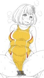 1boy 1girls asian asian_female big_breasts breasts censored cowgirl_position female honma_himawari kaiman_garupan line_art male male_pov nijisanji one-piece_swimsuit pov sex short_hair straight swimsuit swimsuit_aside vaginal_penetration virtual_youtuber