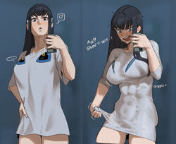 1girls abs angry annoyed ass ass_visible_through_thighs athletic athletic_female bangs black_hair blue_eyes blush breasts comparison embarrassed english_text gluteal_fold hidden_curves highres hirundo_rustica impossible_clothes junketsu kill_la_kill kiryuuin_satsuki large_breasts long_hair muscular_female no_pants selfie shirt_tighten_meme side-by-side side_view skin_tight smartphone sweating t-shirt t-shirt-meme t-shirt/pajamas_challenge text thighs