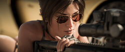 1girls 3d absurd_res aviator_sunglasses brown-tinted_eyewear earrings female female_only fingerless_gloves glasses high_resolution highres kisxsfm lara_croft lara_croft_(survivor) sniper_rifle solo sunglasses tagme tinted_eyewear tomb_raider wallpaper