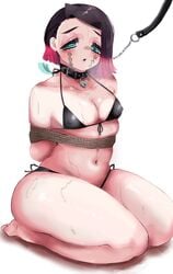 androgynous aqua_eyes arms_behind_back arms_tied bikini black_bikini black_hair choker chubby collar crossdressing demon_slayer enmu facial_markings femboy femboy_with_breasts girly kimetsu_no_yaiba kneeling leash male male_only multicolored_hair padlock padlocked_collar pumu_nui rope short_hair solo sweat swimsuit thick_thighs thunder_thighs tied_hair wide_hips